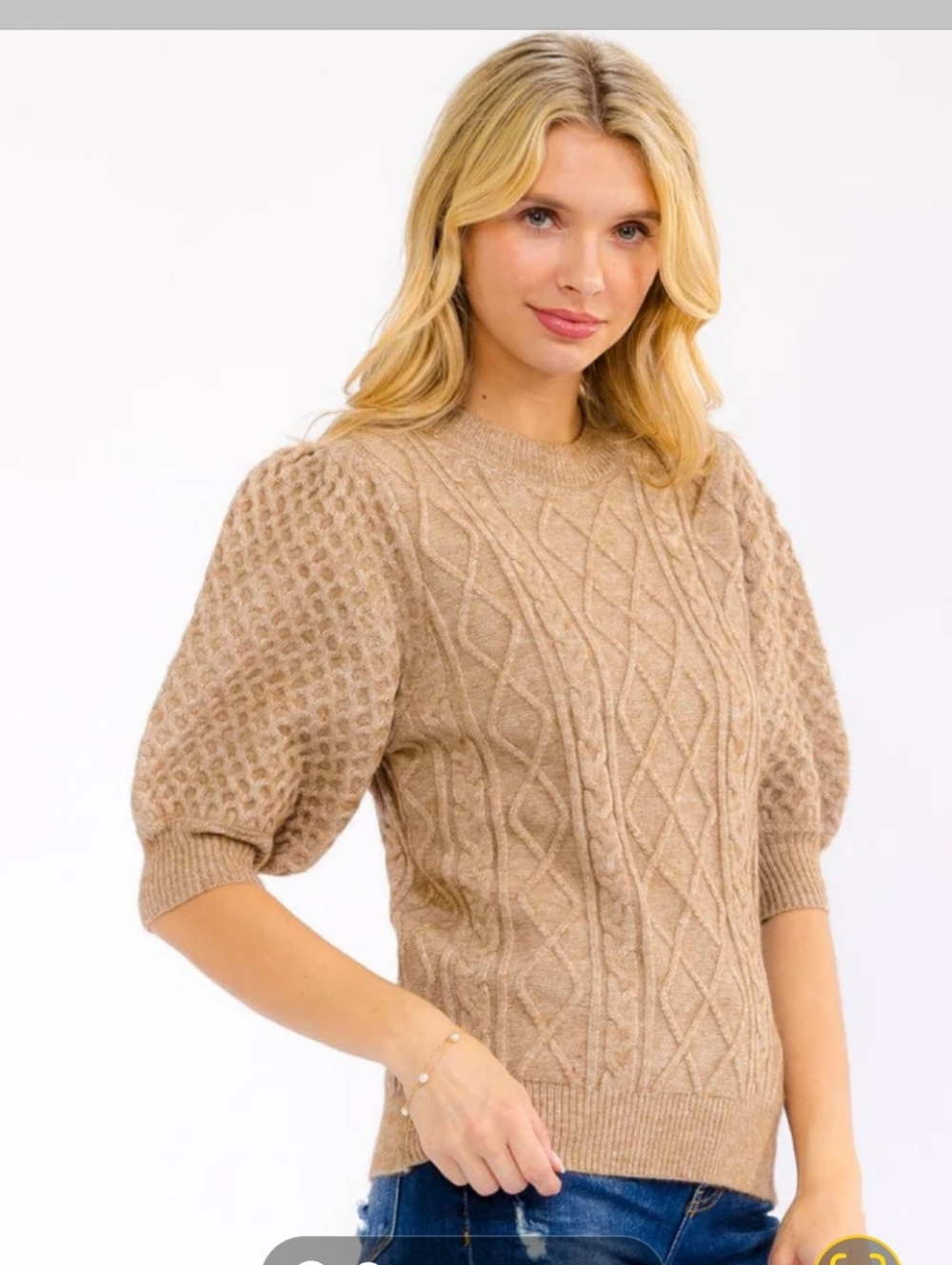 Women's Cable Knit Puff Sleeve Sweater - Tan